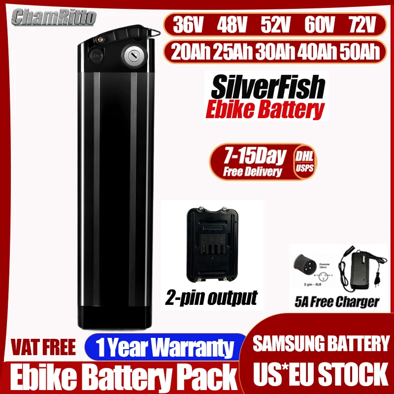 

36v 48v 52v Silver Fish 60v 72v 20 30 40 50 60ah Lithium Battery EBike Akku Accu Electric Bicycle 500w 750w 1500w 2000wBatterie