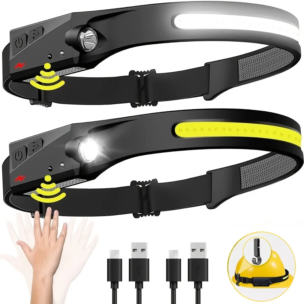 COB LED Headlamp Sensor Headlight with Built-in Battery Flashlight USB Rechargeable Head Lamp Torch 5 Lighting Modes Work Light