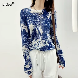 Female O-neck Skinny Elegant Fashion Full T-shirts Floral Comfortable Elasticity Graceful Spring Autumn Women's Clothing 2022