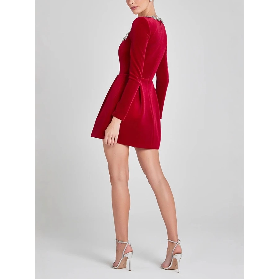 Ele ort Velvet Dr avec embellissement de diamants col carré Long Sve Midi Dr pour femme automne hiver Faion