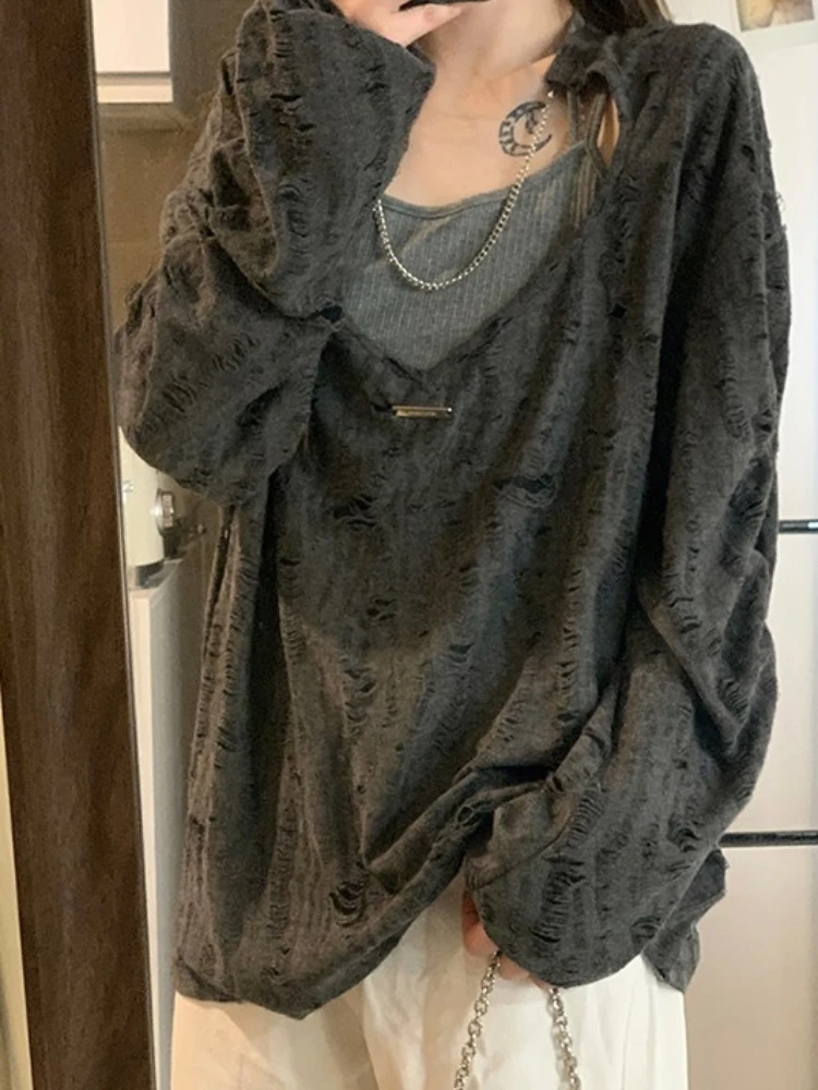 Punk Gothic Y2k T Shirts Oversized Long Sleeve Hole Design Chain Tops Harajuku Vintage Casual Loose Autumn Tanks Two Piece Set