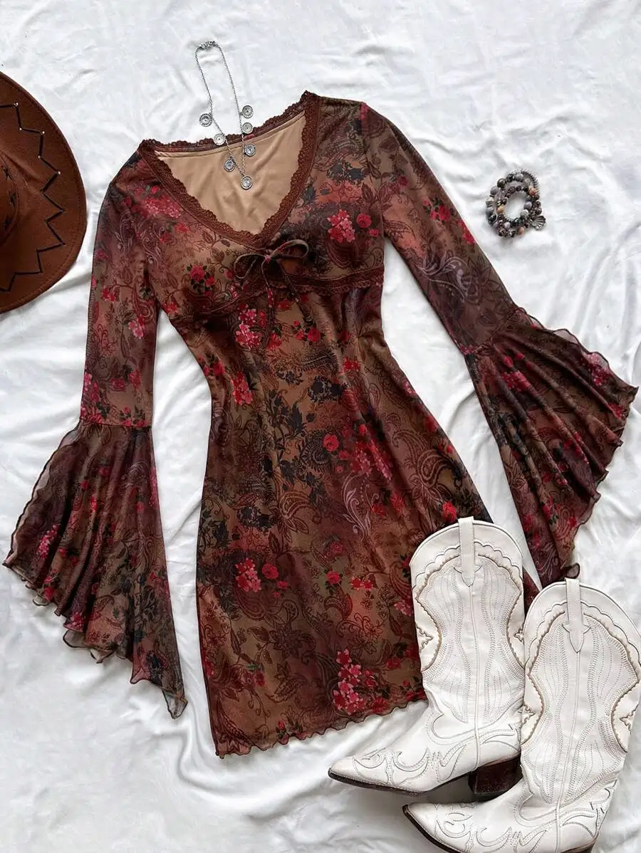 

Brown Floral Print V-Neck Long Sleeve Mini Dress with Bell Sleeves and Asymmetrical Hem