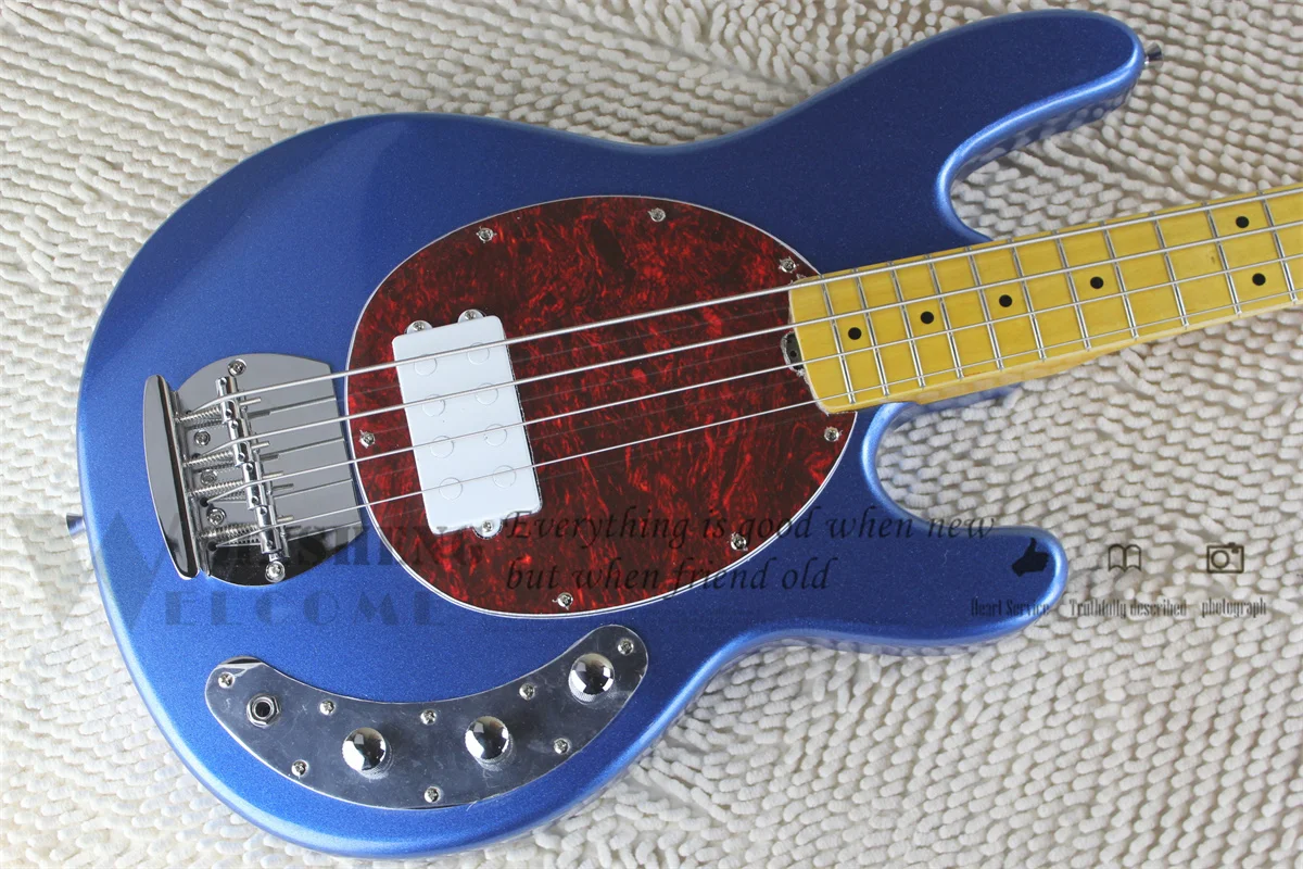 Metal Blue bass 4 Strings Bass Guitar Maple Neck Rosewood Finerboard Active Battery white pickup Red tortoise shell guard