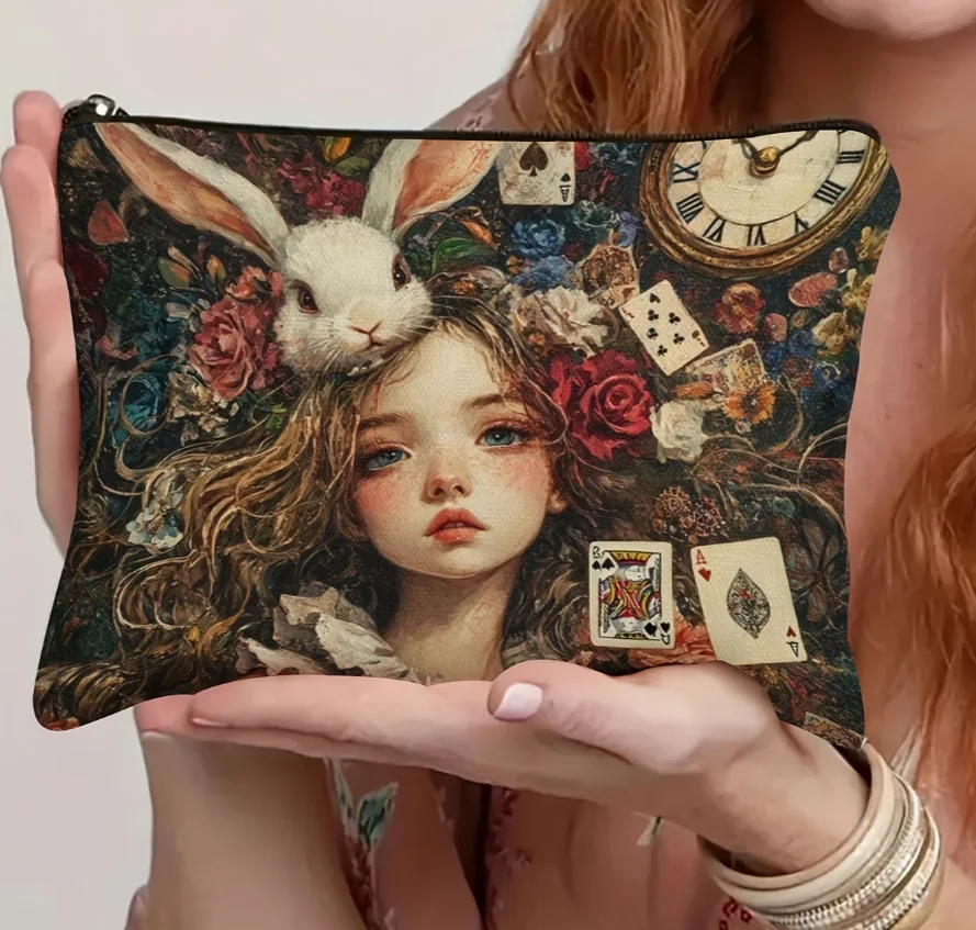 

Fantasy Make-up Bag - Dreamy World of Rabbit and Playing Cards An Easter Egg Gift Fashionable Gift with A Zipper Cosmetic Bag