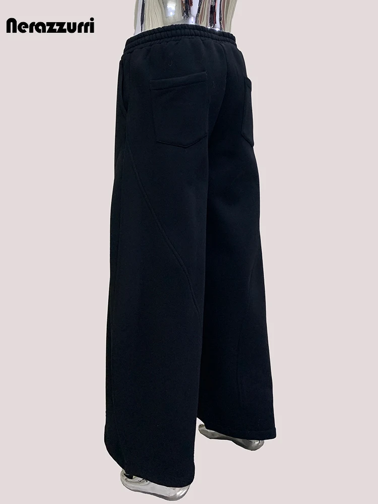 

Mauroicardi Autumn Black Flowy Baggy Wide Leg Sweatpants for Mens Drawstring Elastic Waist Loose Casual Pants Korean Fashion