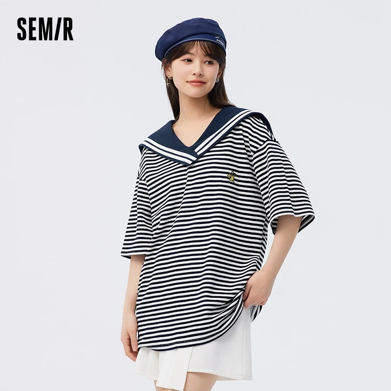 Semir Women Mid-Length Oversize T-Shirt With A Navy Collar And Waffle Grid Pattern A New Arrival For The 2024 Summer Season