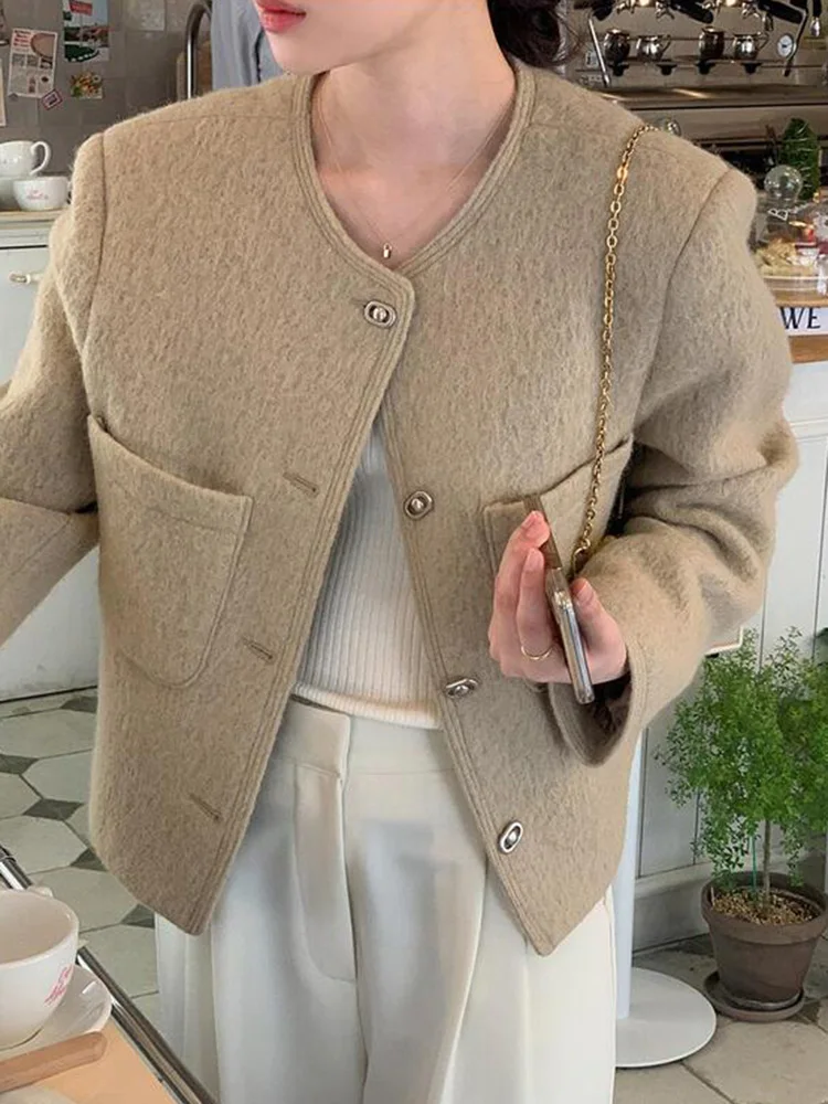 Chic Autumn Vintage Women\'s Round Neck Wool Jackets Button Double Pocket Loose Versatile Fashion Long Sleeve Woolen Coat Women