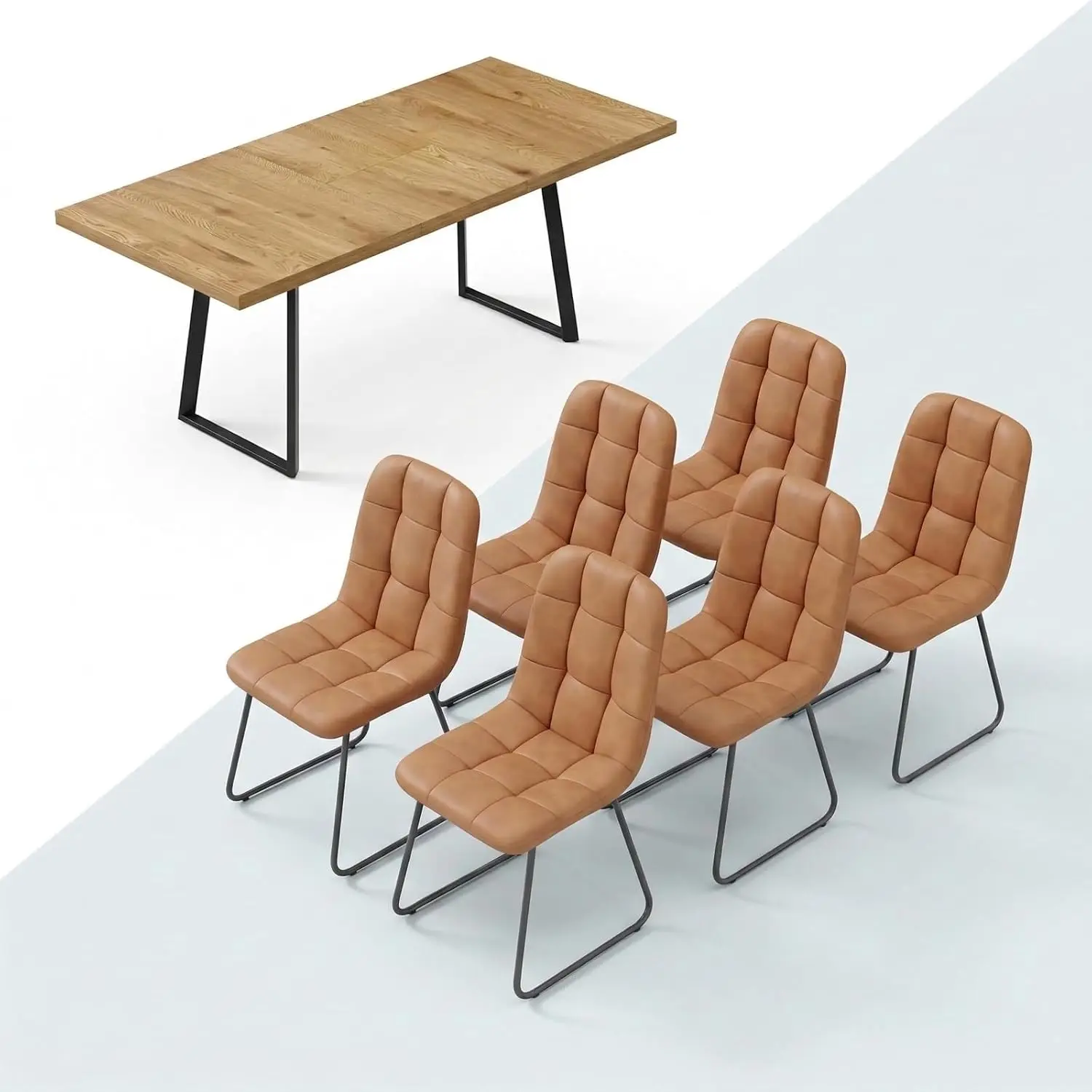 Expandable Dining Table Set 6 Leather Chairs Oak Finish Wooden Space-Saving 47