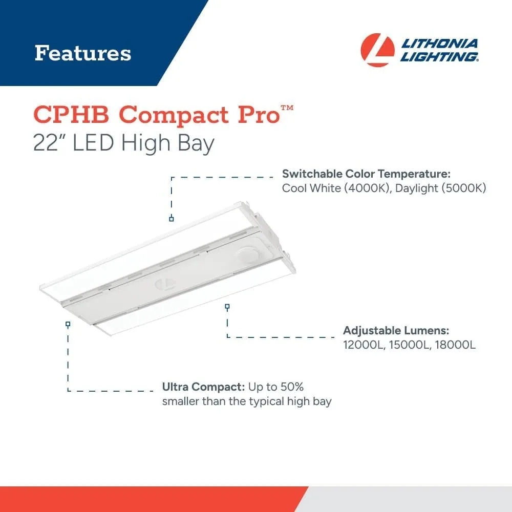Lithonia Lighting Compact Pro LED High Bay Fixture، مصباح سقف قابل للتعديل، 24000/27000/30000 لومن، مخرج قابل للاختيار 4000K
