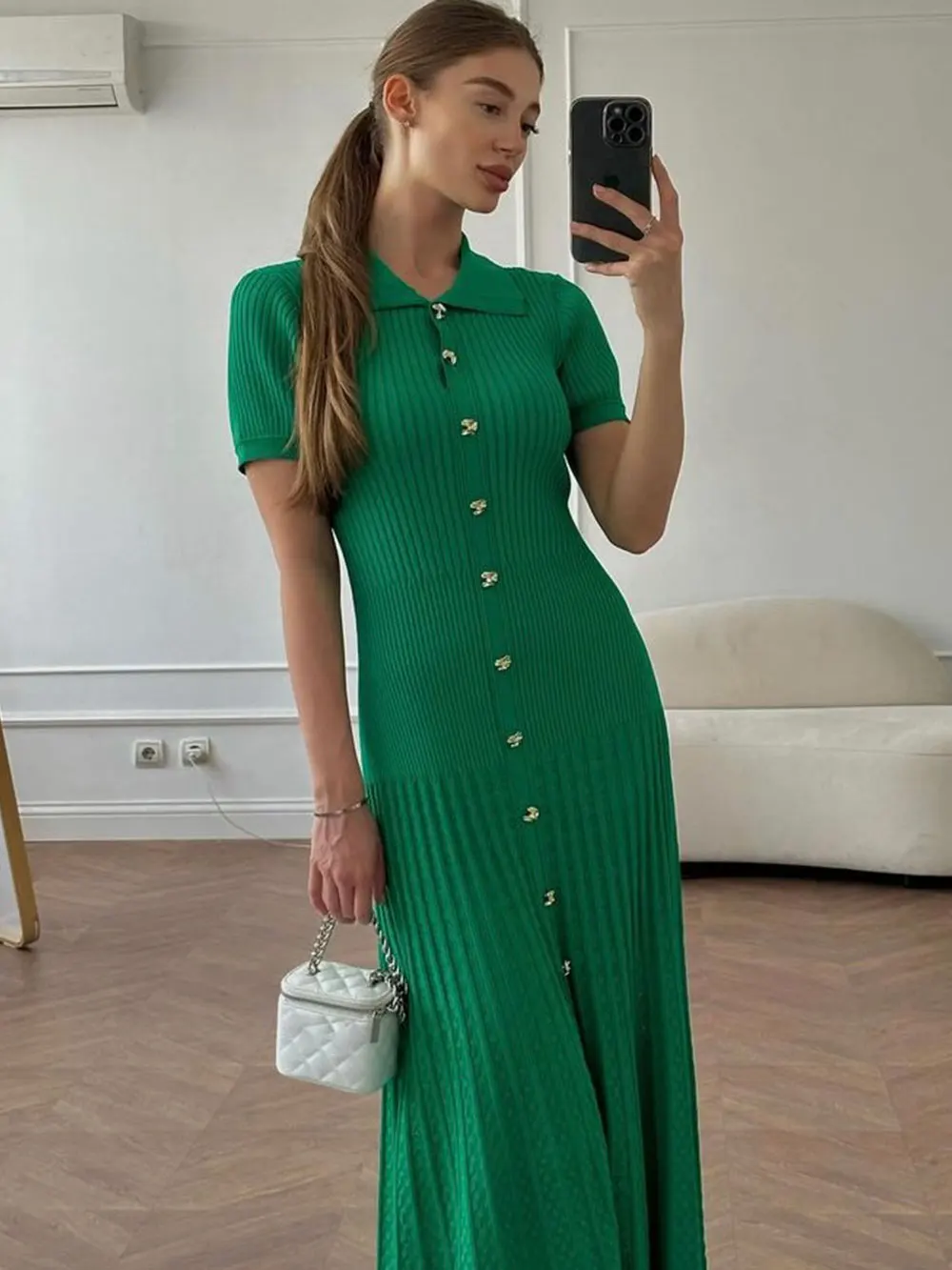 2024 Summer Casual Knitted Dress with Lapel Short Sleeve Slim Fit Single breasted Long Dress Elegant Evening Party Knitted Dress