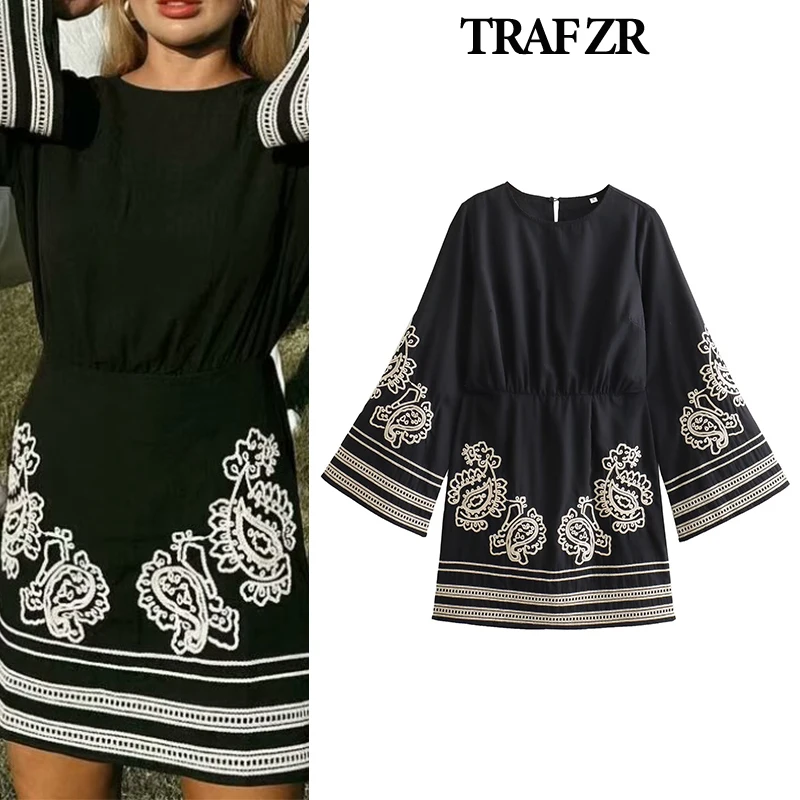 TRAF ZR Mini Dress Elegant Gown Long Dresses with Sleeves Elegant and Beautiful Women\'s Dresses Basics Vintage Embroidery Dress