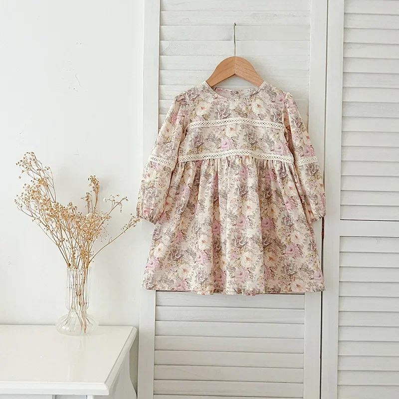 

2025 New Spring Kids Floral Dress Retro Baggy Korean Fashion Simple Style Casual