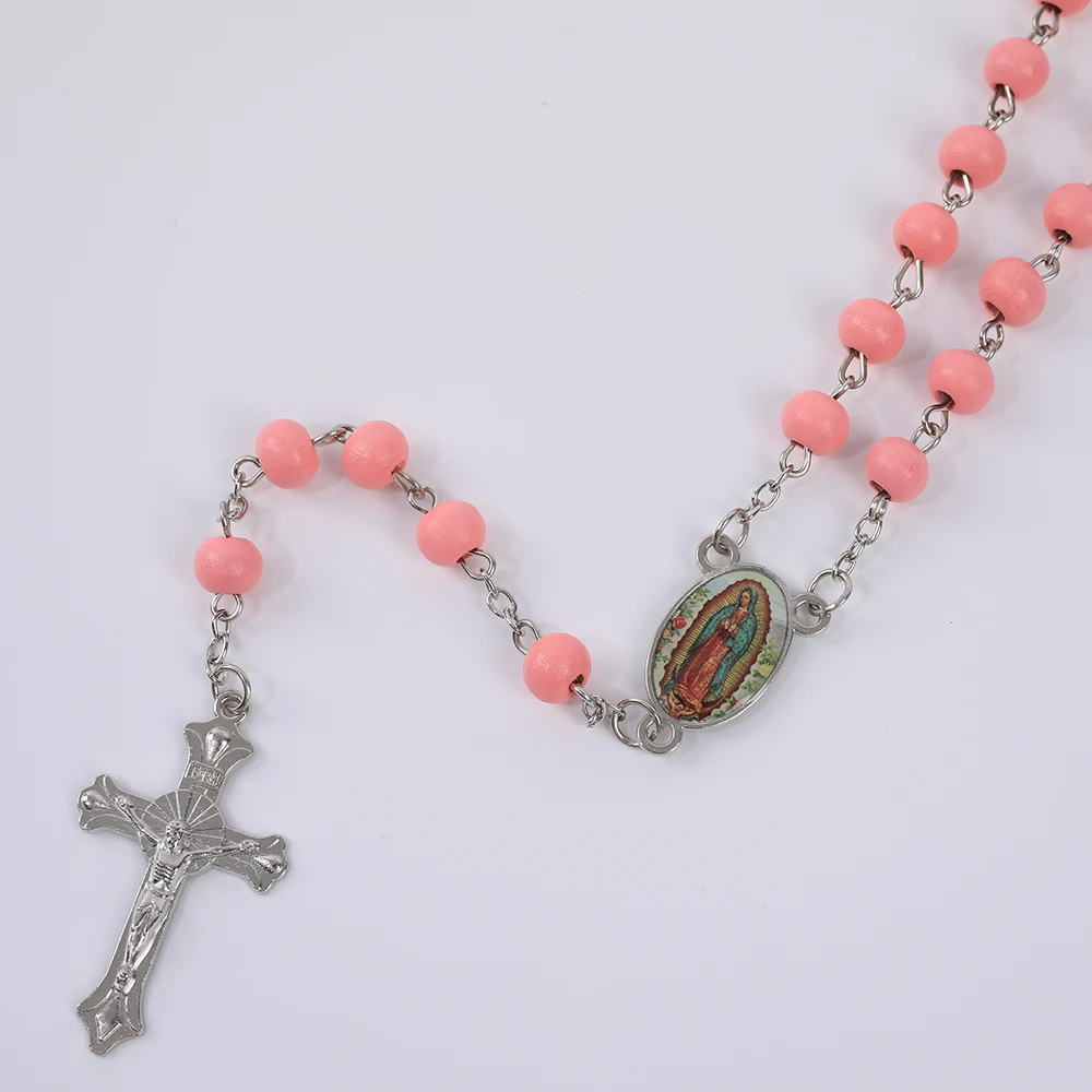 Blaue Rosenkranzkette für Damen und Herren, 6 mm, aus Holz, lange Kette, religiöser Anhänger mit der Jungfrau Maria und einem Kreuz, Herrenschmuck für Partys, Geschenk. – Detail 26