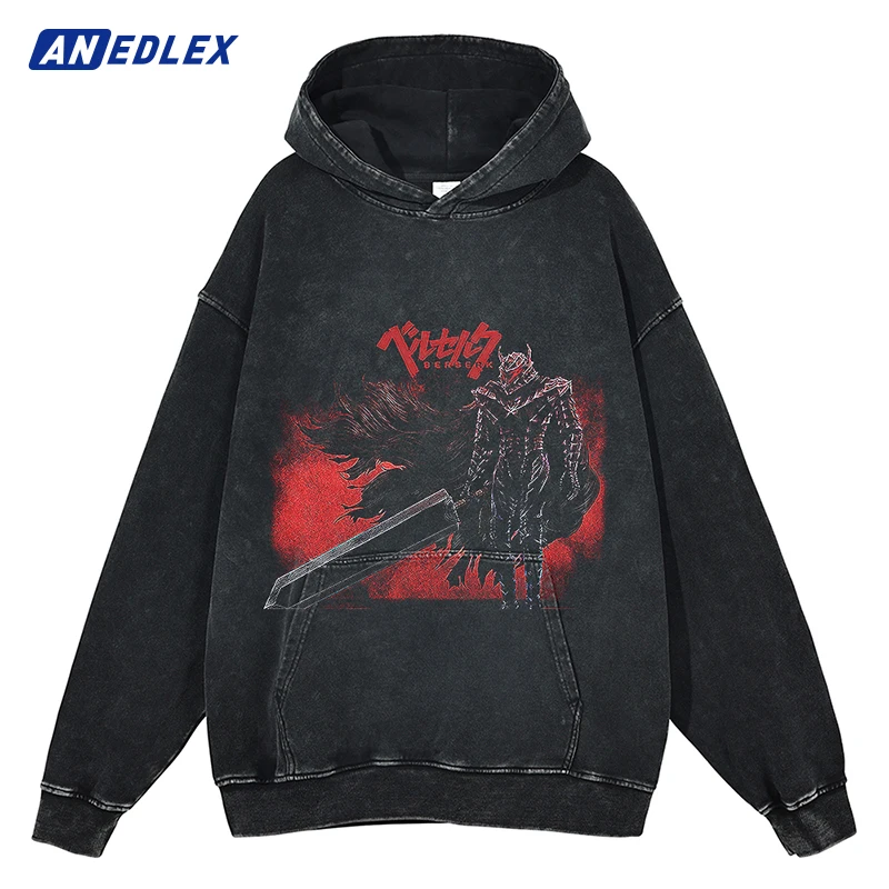 

Men Fashion Japanese Anime Print Pullover Washed Hoodie Sweatshirt Cotton Harajuku Streetwear Vintage Hooded Hoodie Unisex