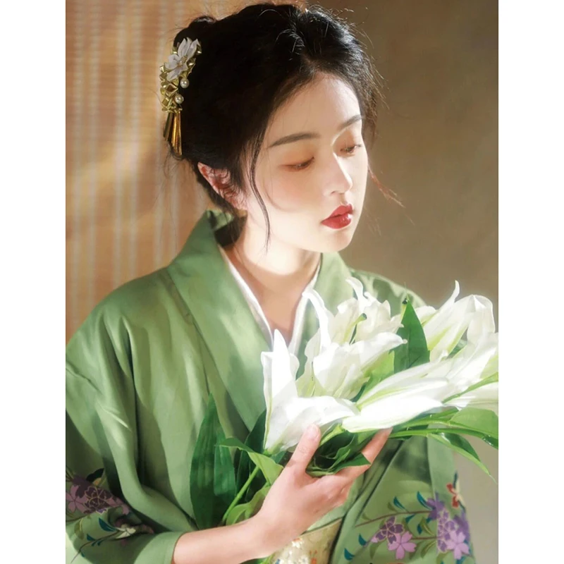 Formal Traditional Modified Kimono Women Wear Emerald Green Japanese Kimono Bathrobe Vintage Dress Dance Clothing Photo Clothing