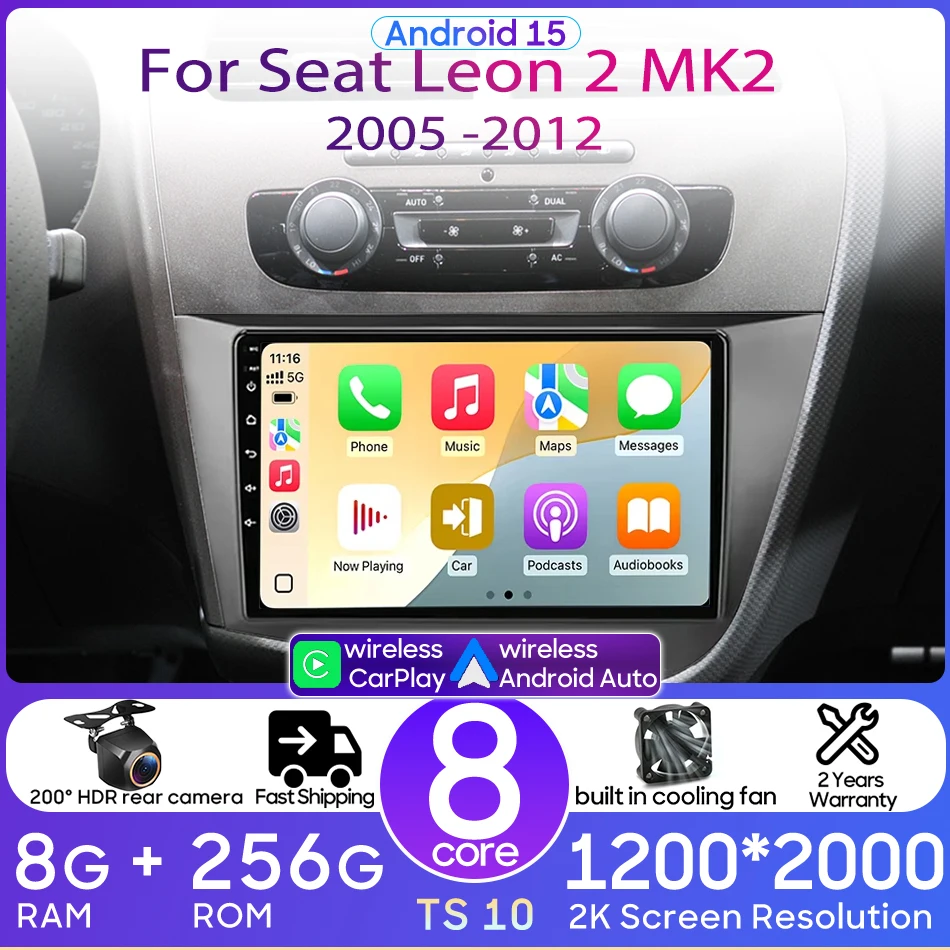 Radio para Auto SEAT Leon 2 MK2 2005 - 2012, Reproductor Multimedia Estéreo Android 15, Carplay Inalámbrico y Android Auto, Unidad Principal 2DIN