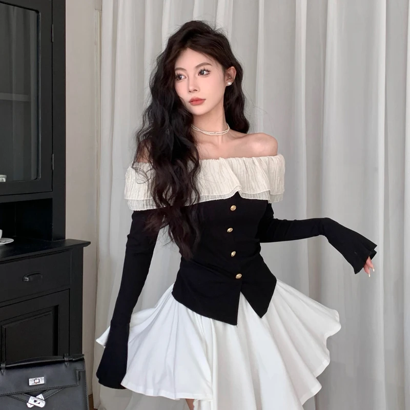 black sweet women t shirts korean off shoulder tulle patchwork flare sleeve female Tees autumn slim new slit ladies crop tops