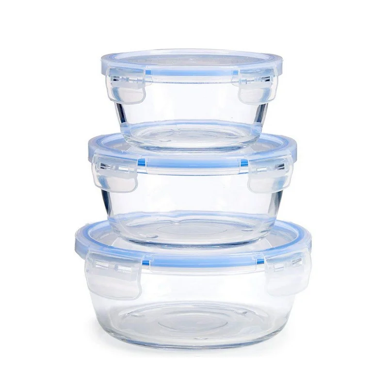 Maxhome-set 3 round food-100% glass food-keeping box used in home outdoor office and safe and healthy 400/580/860 Ml