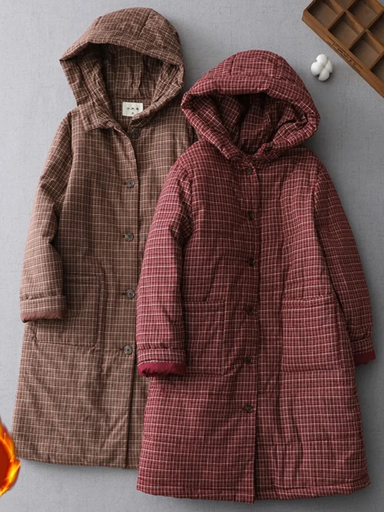 

Retro Plaid Thiened Cotton Jaet Women's Winter Casual Warm Hooded Coat Straight Cut Svel Dr with ket