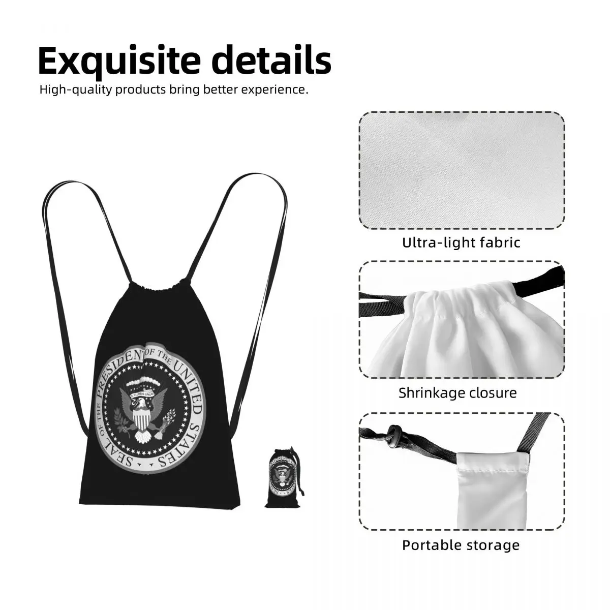 Seal Of The President Of The United States Drawstring Backpack hiking cycling Bag Portable Travel Drawstring Bag for Men Women