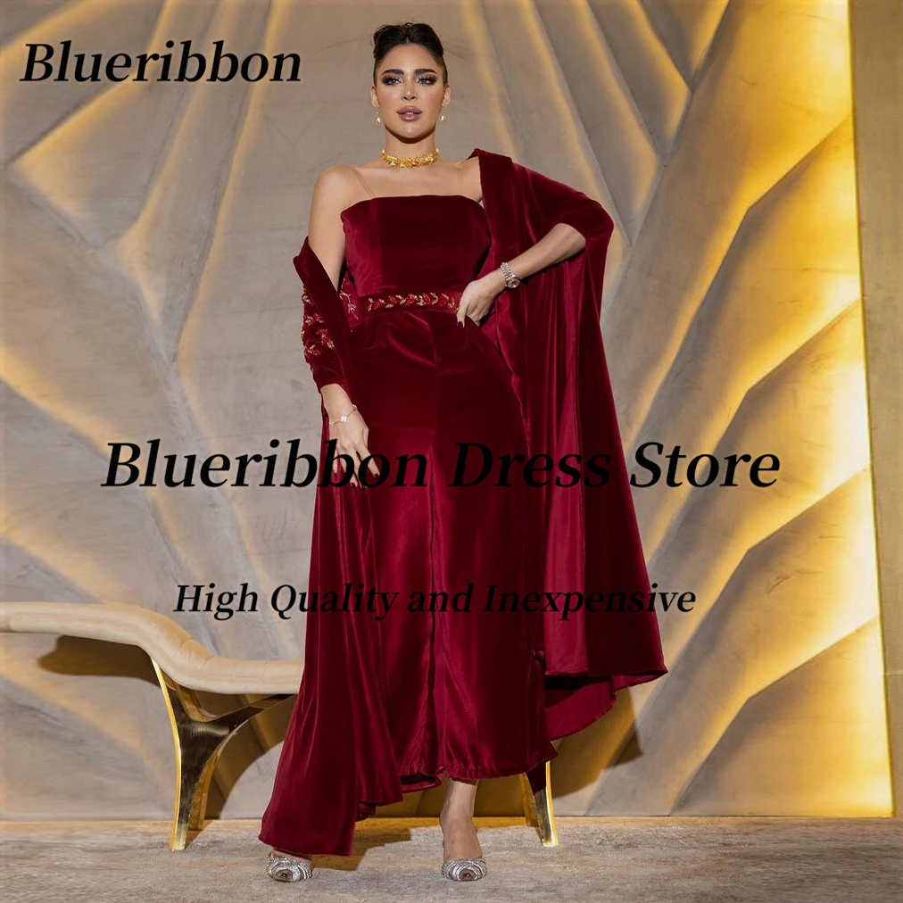 

Blueribbon Burgundy Velour Vestidos De Noches Strapless Beaded Sash Prom Dresses with Wraps Evening Party Special Banquet Gowns