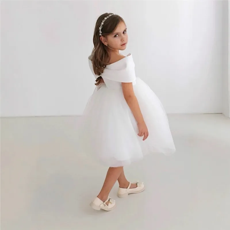 Baby Girl Princess Bow Tutu Dress Off Shoulder Toddler Child Elegant Tulle Vestido Wedding Birthday Party Baby Clothes 1-12Y