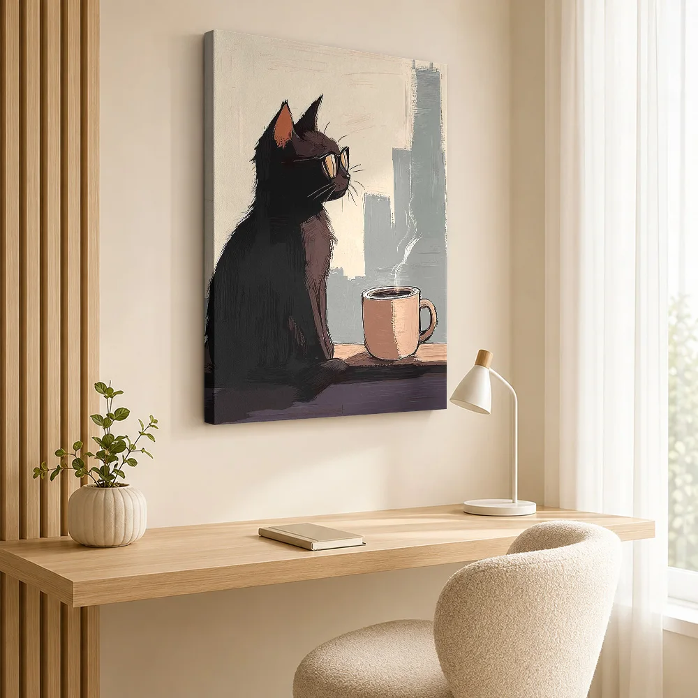 Cat Wearing Glasses Beside Coffee Framed Canvas Print Personalized Photo Detailed Illustration Wall Art For Cafe Seating Area