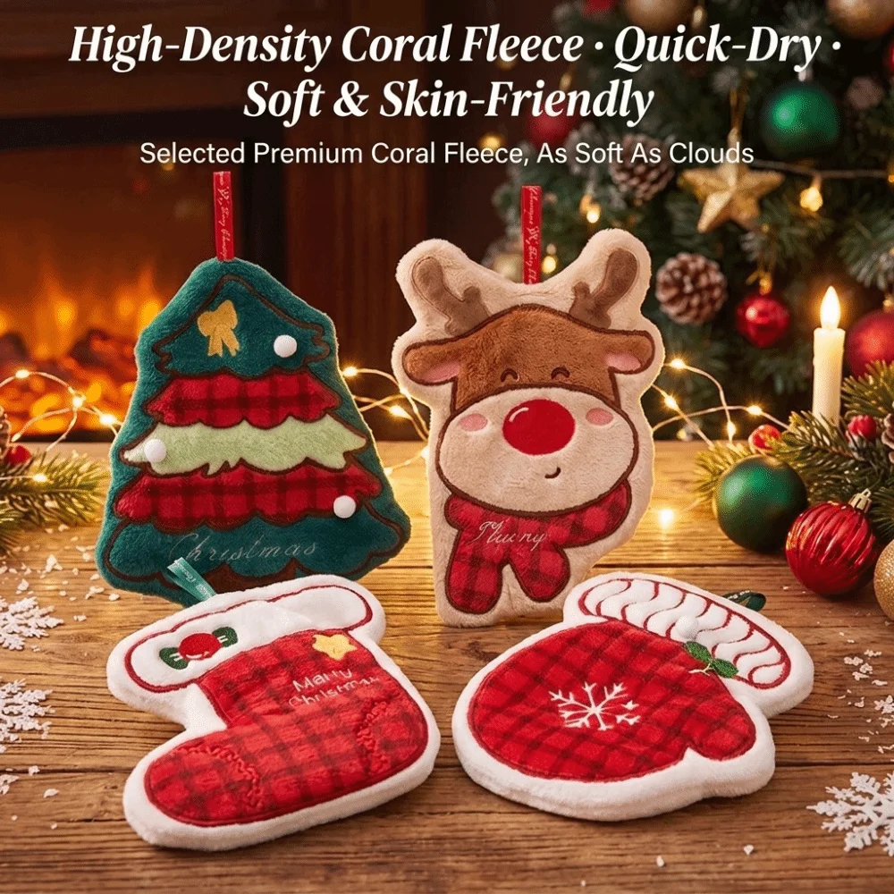 Practical Coral Velvet Coral Fleece Hand Towels Polyester Soft Hanging Bathroom Towel Super Absorbent Santa Dish Towel Daily Use