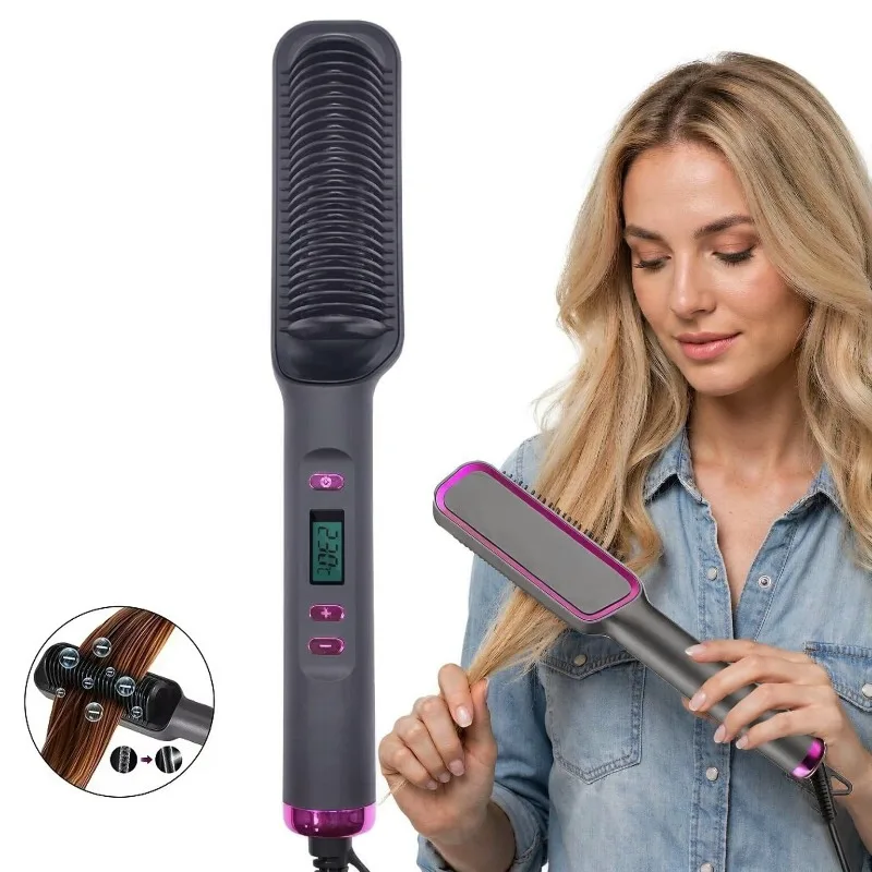 Ceramic Coated Electric Hair Straightening Comb with PTC Even Heating, Adjustable Temp LCD Display, Anti-Scald Bristles, Ionic F