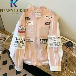 Pink PU Leather Jacket Women Patch Designs Fashion Letter Embroidery Bomber Jacket Autumn Loose Spliced Motorcycle Coat Female