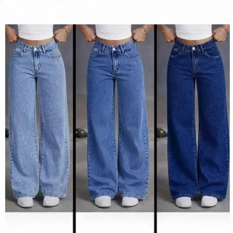Fashionable Loose Straight Leg Women's Jeans High Waist Cotton Stretch Free Bending Processing without Brand Southeast Asia