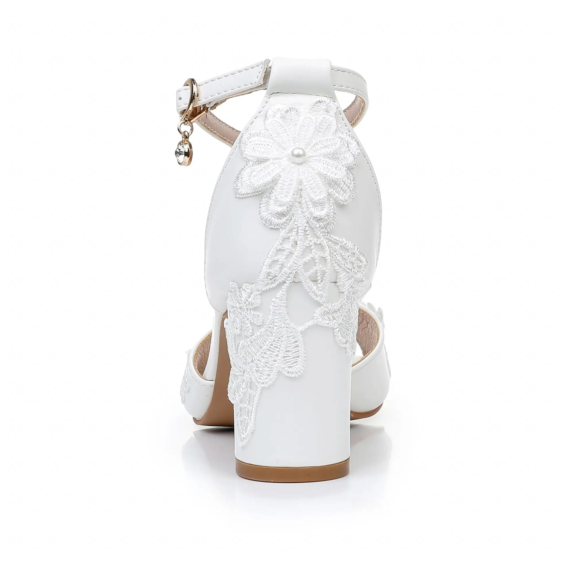 Crystal Queen 7CM White Lace Pearl Ribbon Square Heel High Heels Women Open Toe Sandals Banquet Dress Wedding Shoes
