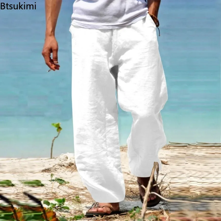 New Men's Summer Cotton Linen Pants Solid Breathable Loose Casual Beach Trousers Men Drawstring Straight Pants Fitness Joggers