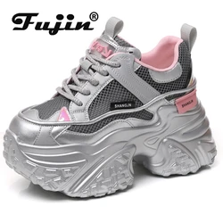 Fujin 8cm Air Mesh Genuine Leather Summer Women Chunky Sneakers Vulcanize Platform Wedge Loafer Mixed Color Hollow Comfy Shoes