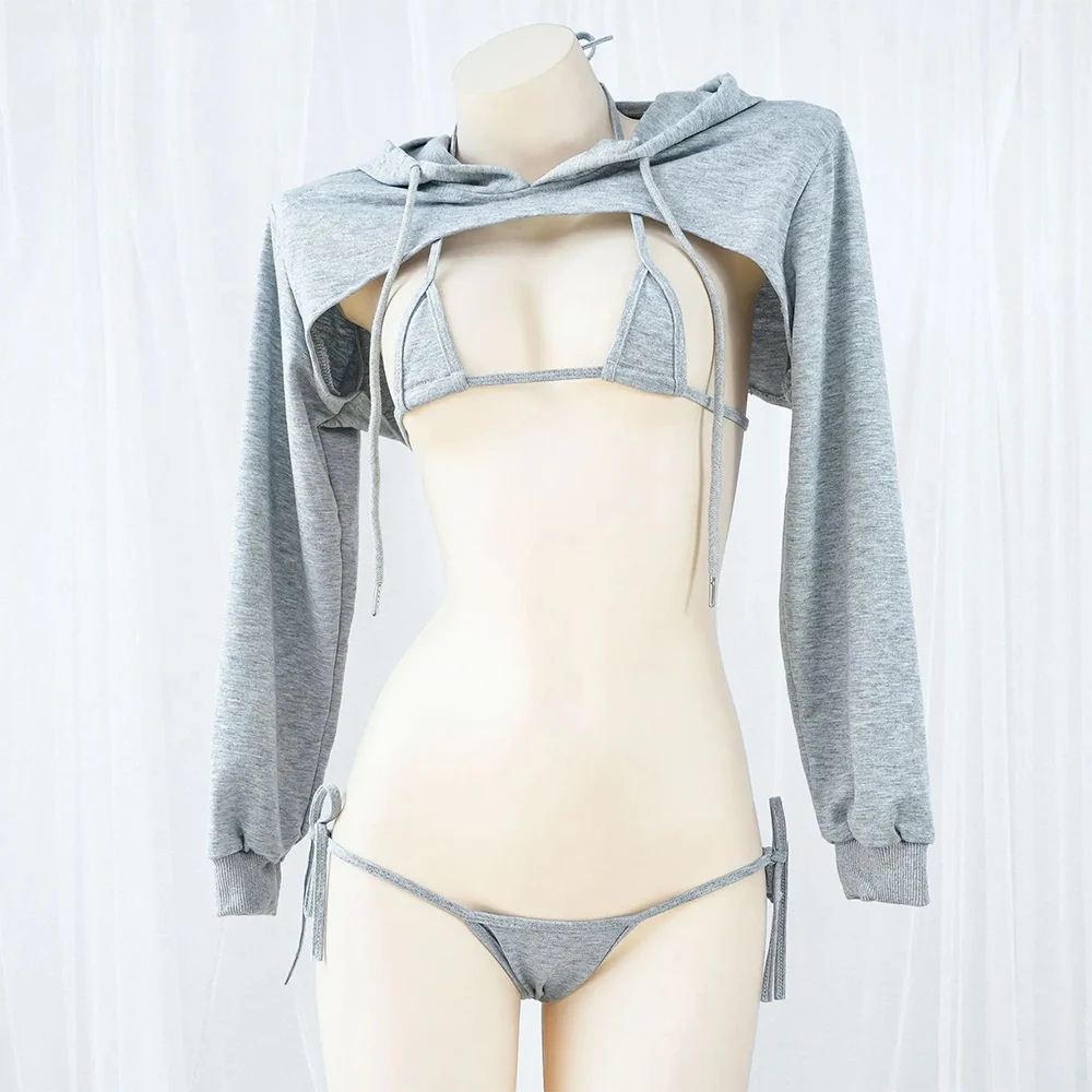 Cosplay Backless Hooded Long Sleeve Bikini Set Sexy Japanese Three Point Swimsuit Girls Mini Underwear Bowknot Student Costume