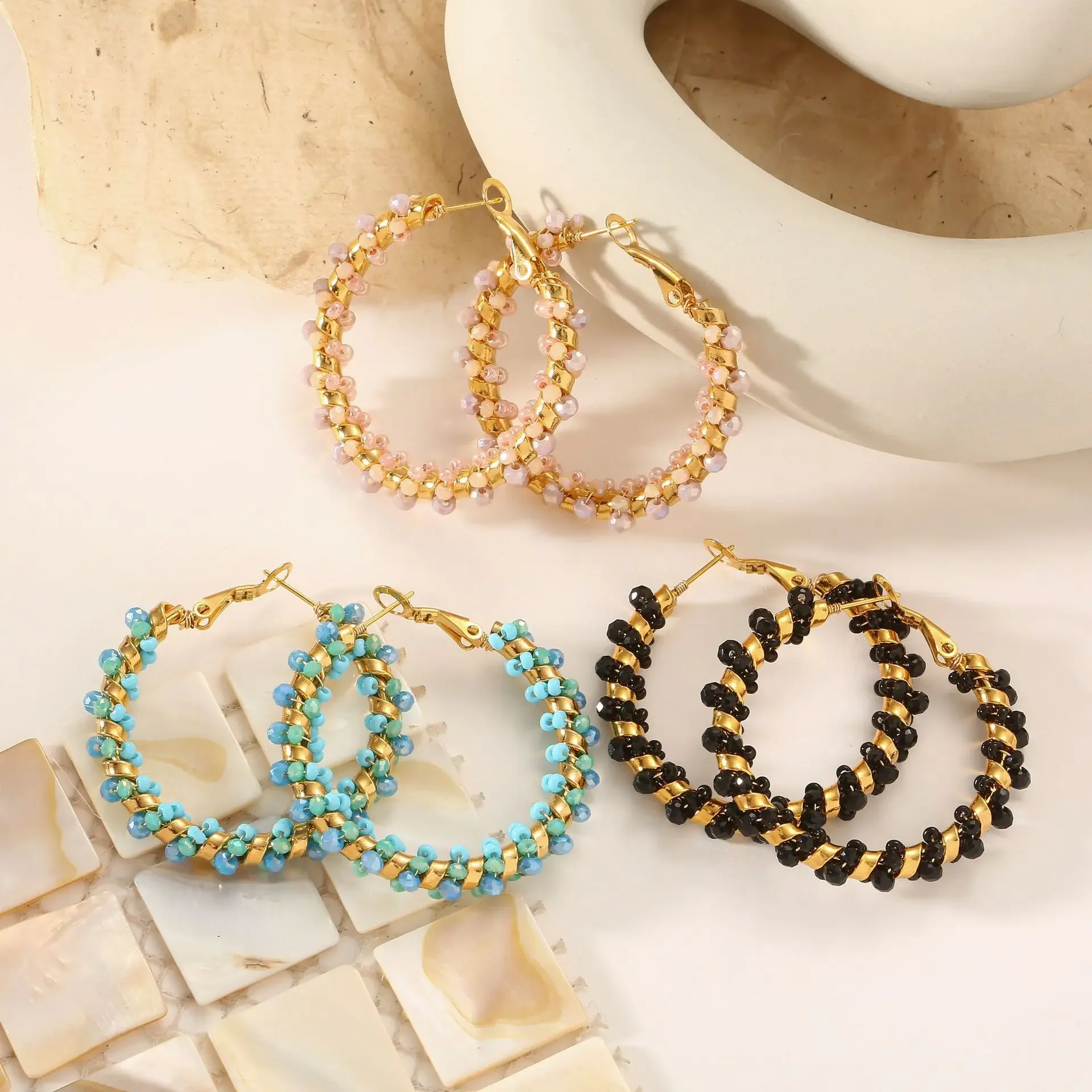 

Rice bead earrings Circle Entangle Originality Fashion Bohemia Hand knitting Alloy Simple Beaded earrings