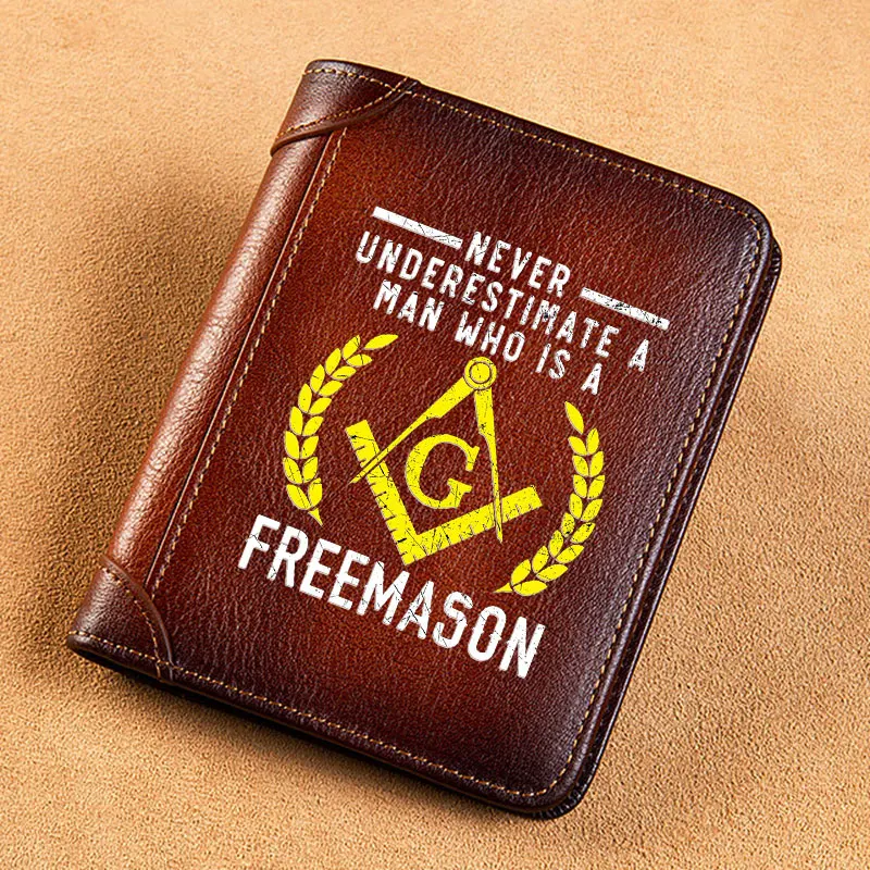 

High Quality Genuine Leather Men Wallets Never Underestimate A Man Who Is A Freemason Cover Short Card Holder Purse