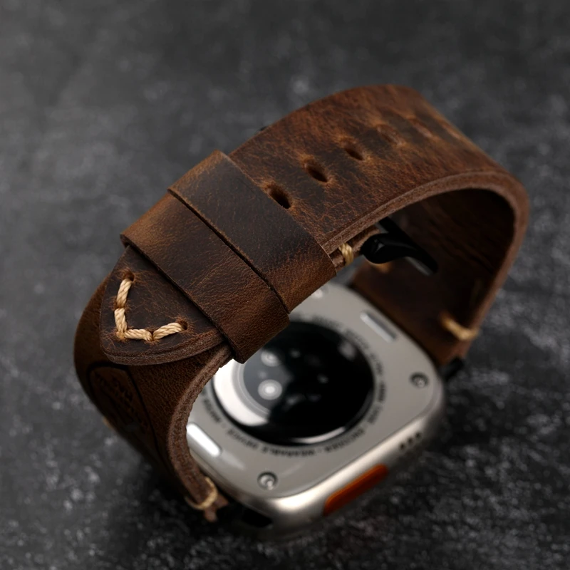 Handmade Vintage Crazy Horse Leather Bracelet 40MM 44MM 45MM 49MM Fits Apple Watch S8 Ultra Folded Thick Brown Strap