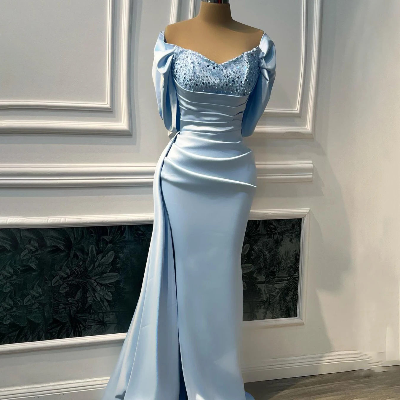 Elegante Glitter Meerjungfrau Abendkleider Für Hochzeit Himmel Blau Plissee Weg Von Schulter Prom Kleid Seite Slit Promi Party Kleider