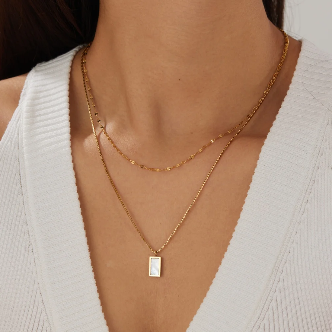XIYANIKE White Shell Inlay Rectangular Pendant Double-Layer Necklace Lady 316L Stainless Steel Simple Temperament Neck Chain