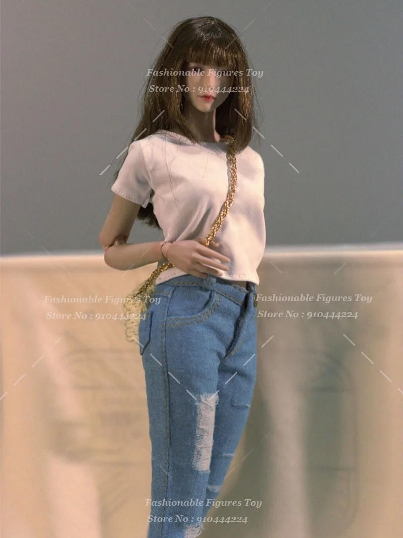 1/6 Women Soldier White T Shirt Ripped Jeans Vintage Street Hip-Hop Denim Trousers Dolls Accessory Fit 12Inch Action Figure Body