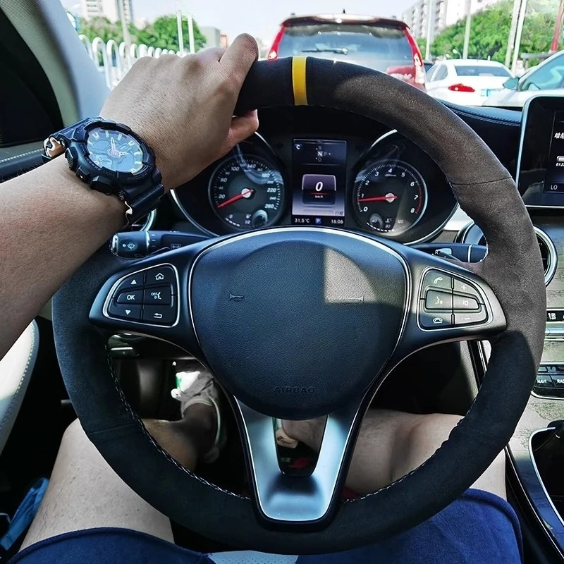 

Hand-stitched black suede car steering wheel cover for Mercedes Benz C300 CLA250 CLS400 E300 GLA250 GLE300 GLE350 GLS450