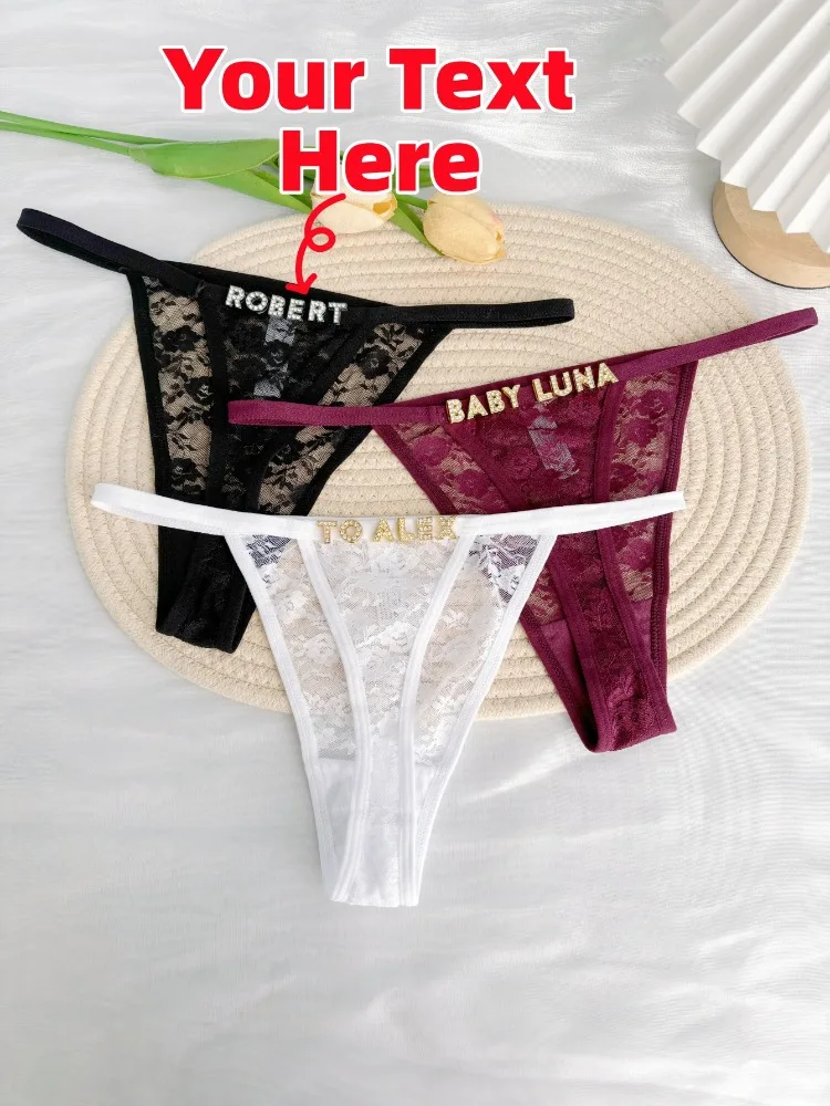 Aangepaste naam Thong aangepaste kristallen letter bikini slipje G-String lage taille sexy kanten slip vrouw paren jubileum cadeau - afbeelding 2