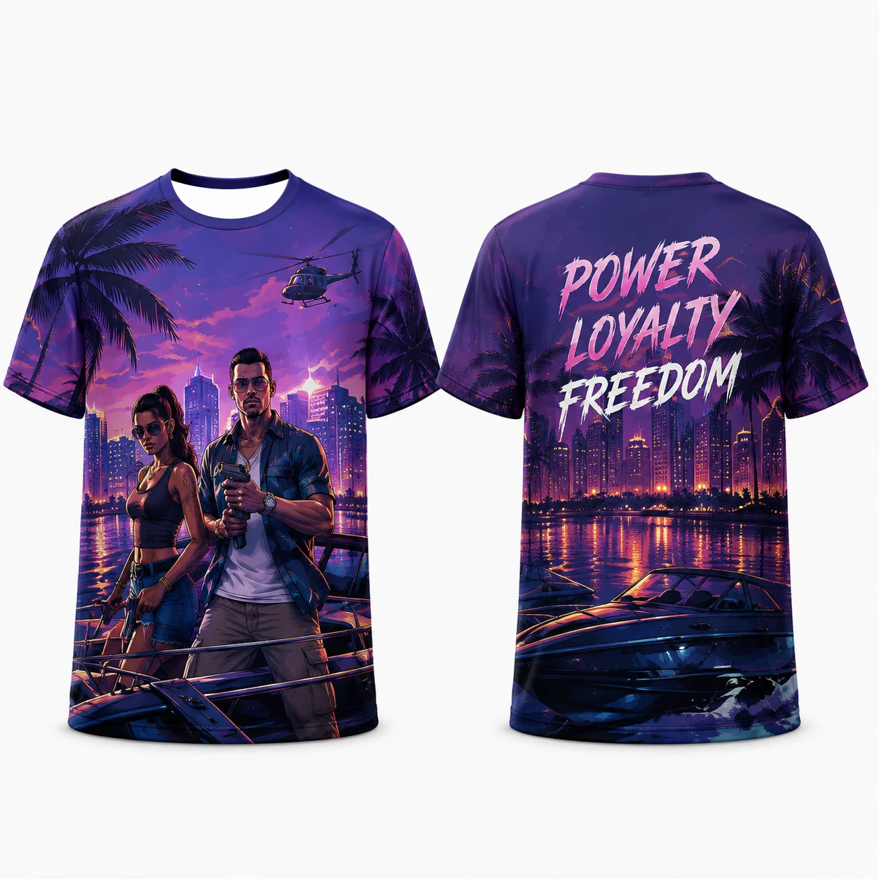 Vice City Retro Synthwave Doppelseitig bedrucktes T-Shirt, Unisex, Miami Palm Tree, Sport-T-Shirt, atmungsaktives Mesh, schnell trocknendes Streetwear-Oberteil – Detail 7