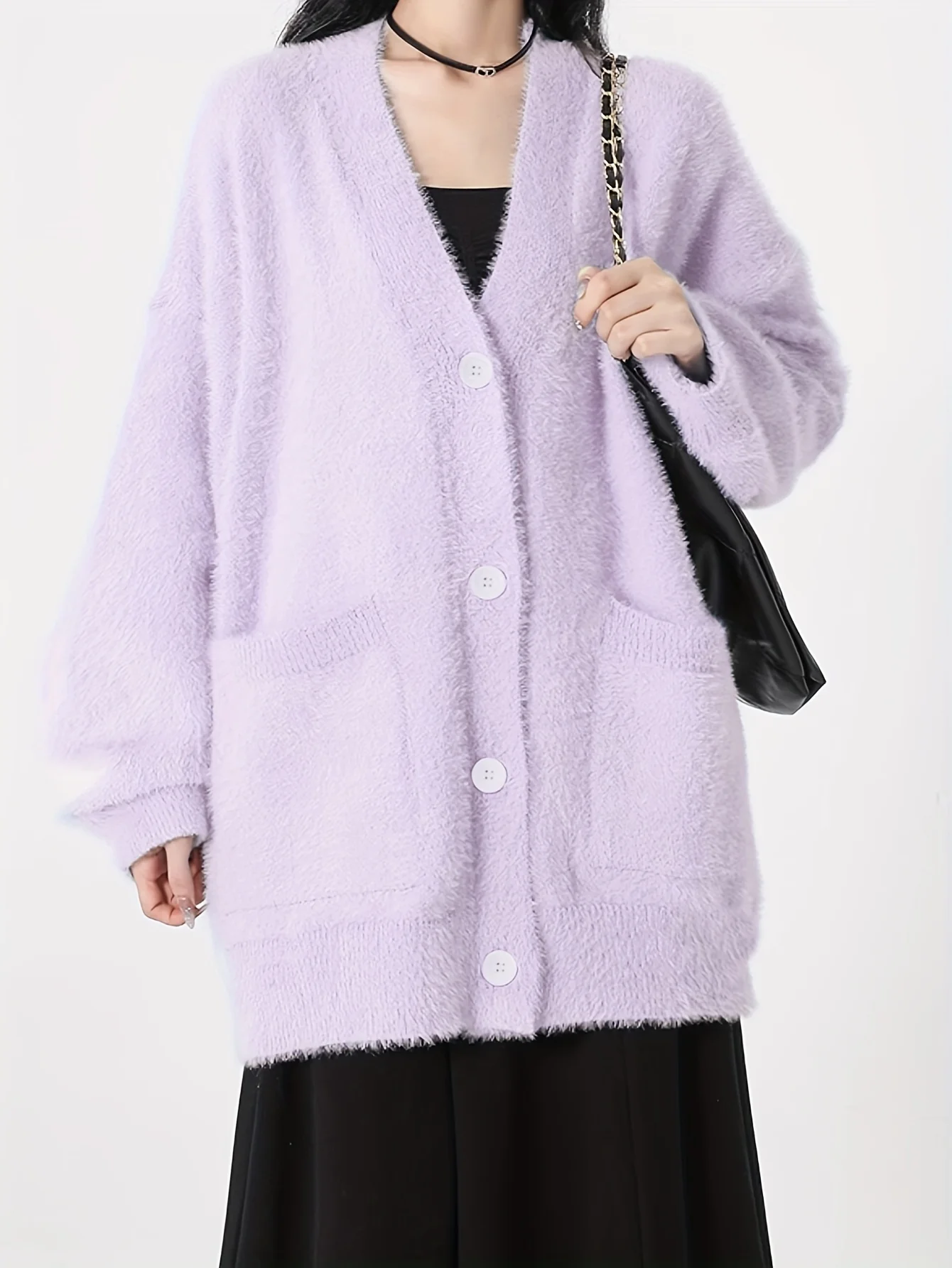 Women\'s Winter Gentle Furry V Neck Knit Cardigan Outwear Korean Solid Color Soft Fuzzy Cardigan Sweater for Female