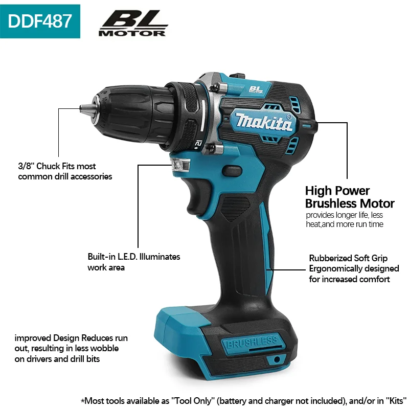 Makita DDF487 18V brushless electric drill, suitable for five-rope impact drill of decoration team, uses 18V Makita battery.