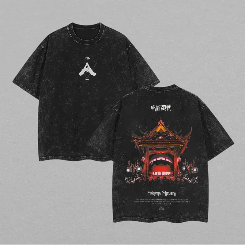 Camiseta Jujutsu Kaisen Sukuna Domain Expansion para Hombre, Estilo Vintage con Lavado Ácido, Diseño de Fukuma Mizushi Malevolent Shrine, Anime Streetwear