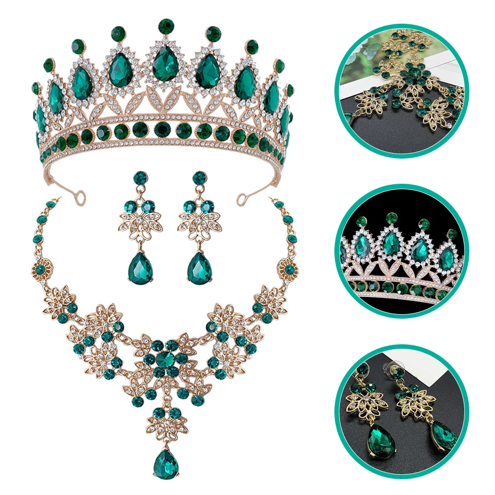 

Earrings Wedding Dress Accessories Set Rhinestone Hair Prom Girls Crown Green Bridesmaid