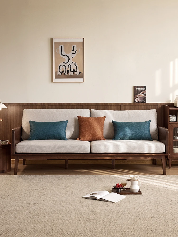 

Black walnut sofa Nordic simple solid wood living room home three-person fabric sofa