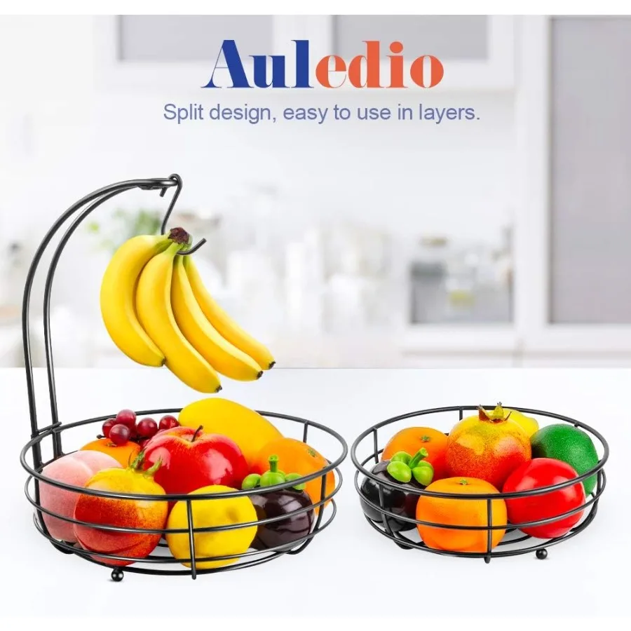 Cesta de almacenamiento de frutas y verduras para encimera, color negro, 2 niveles, con colgador de plátano para organización de cocina, capacidad de 64 onzas, Ideal para